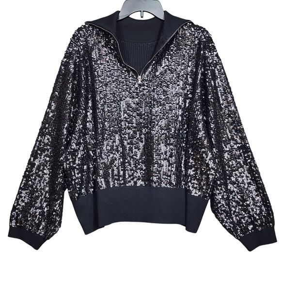 J.Crew Collection Tops - J.Crew Collection Sequin Reversible Zip-Up Turtleneck Sweater Black 3X